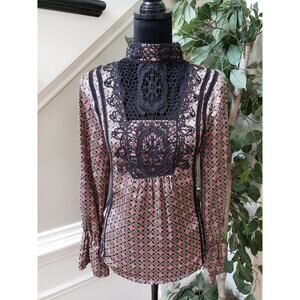 Taylor & Sage Top Blouse Womens Size Small Black Geo Print Long Sleeve Mock Neck